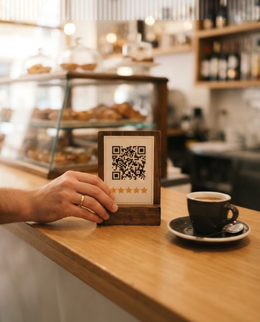 Mão a pousar a placa de avaliações, com um QR e cinco estrelas, no balcão de um café, ao lado de uma chávena