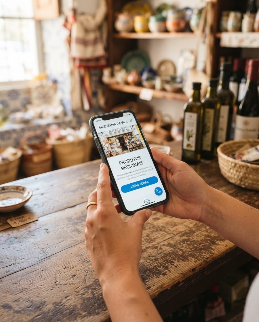 Mãos a segurar um telemóvel com o site de uma mercearia de produtos regionais, numa loja com prateleiras de azeite e vinho